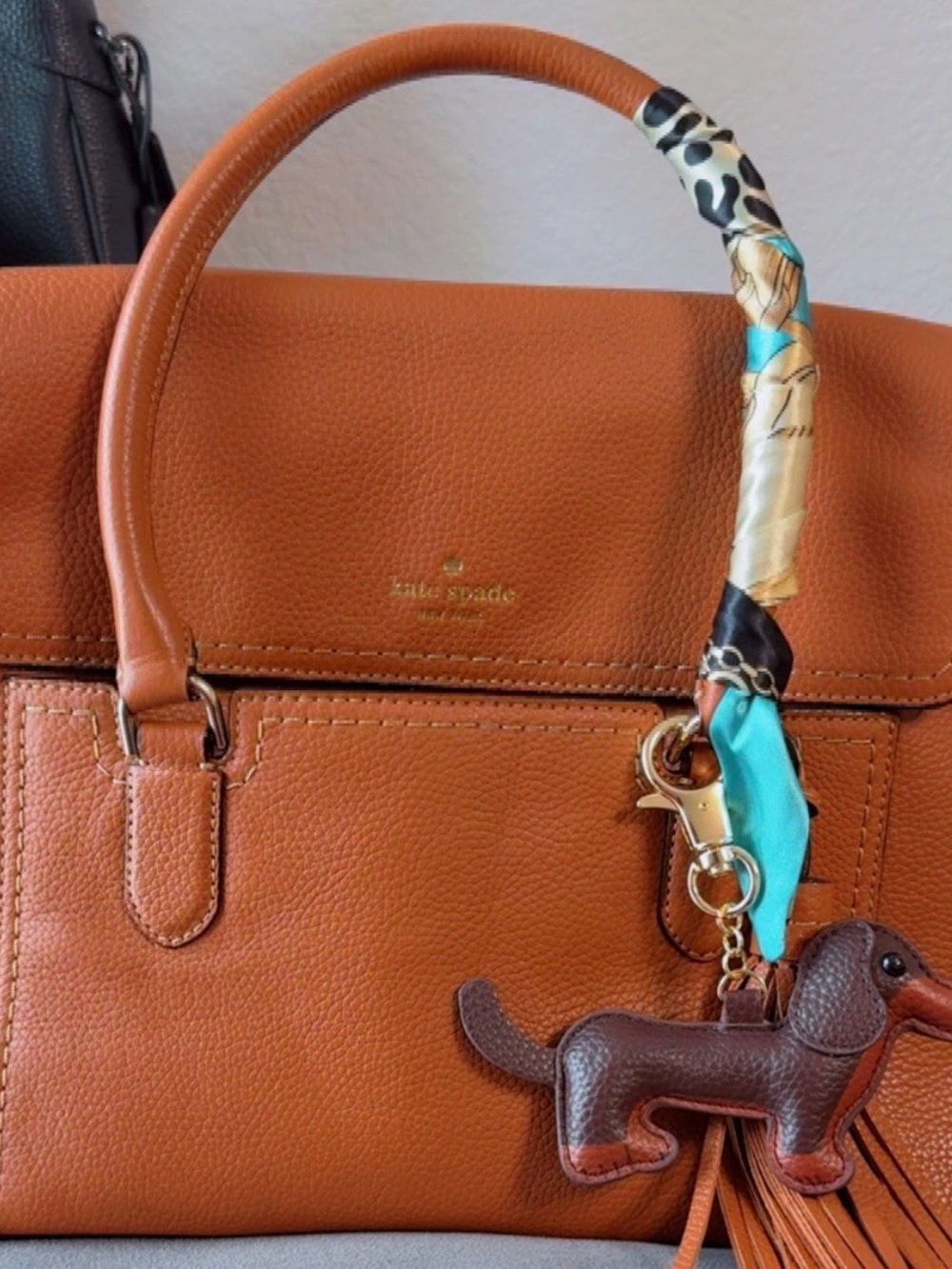 kate spade Cedar Brown Leather Satchel with Multicolor Scarf Handle Accent
